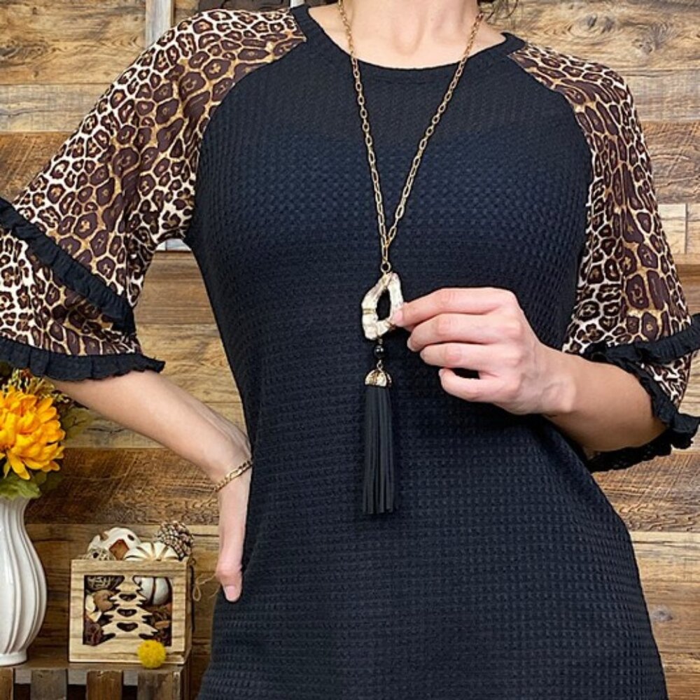 Black Waffle Knit Top with Leopard Print Sleeves